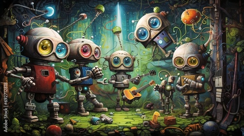 Playful and whimsical robots engaged in a lively dance within a vibrant illustration