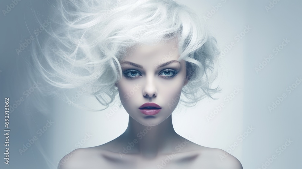 Fashion art portrait of beautiful woman with white hair. Perfect makeup. Generative AI