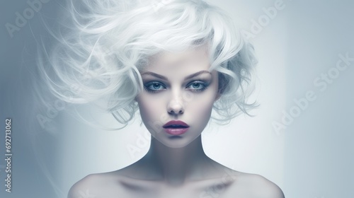 Fashion art portrait of beautiful woman with white hair. Perfect makeup. Generative AI