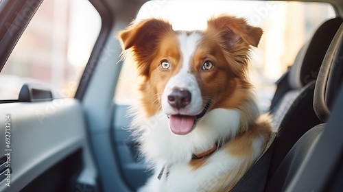red border collie dog sitting in the car, looking at camera Generative AI