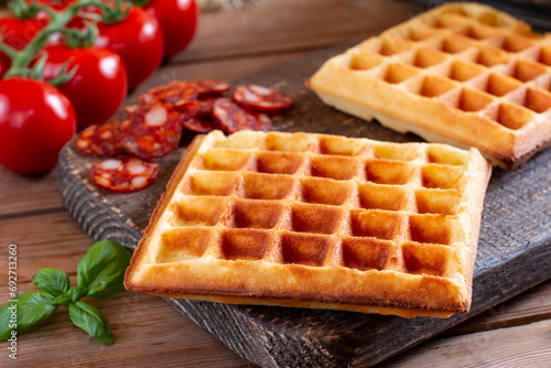 The process of making pizza waffles with tomatoes, sausages, cheese and herbs on a board