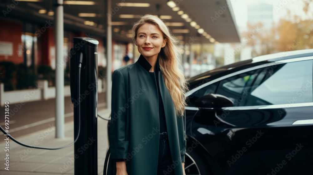 Young beautiful blonde woman in black coat standing near the electric car in the city. Generative AI Young beautiful blonde woman in black coat standing near the electric car in the city. Generative AI