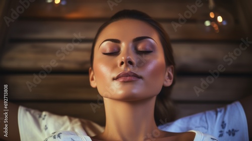 Portrait of a beautiful young woman with closed eyes in spa salon Generative AI