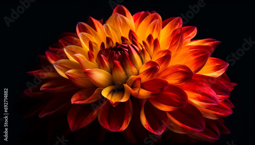 Vibrant colored flower head in macro, on black background generated by AI