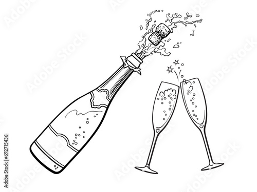 Popping bottle of champagne with cork flying out and two sparkling glasses Hand drawn vector illustration.