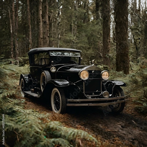 an old fashioned black car sits on a dirt path in a forest