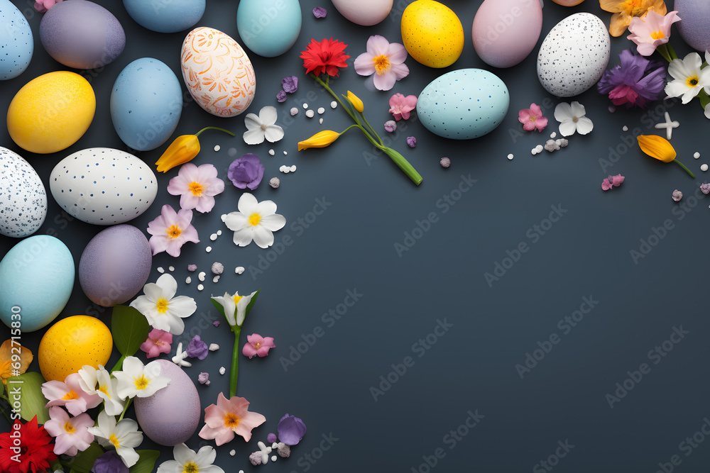 Easter eggs and spring flowers on a dark background