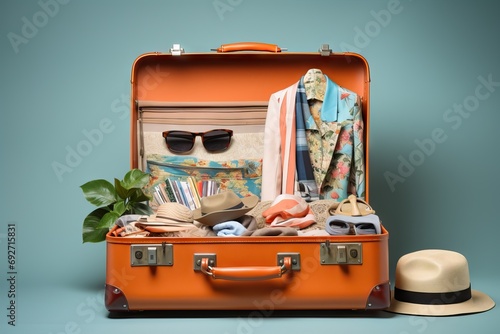 and clothes colorful luggage tourist Retro Travel bag holiday maker full case packing summer background hotel clothing adventure destination leisure nobody business brown tags pursed signs symbol photo