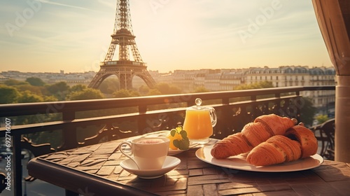 Delicious breakfast table french on a balcony in the morning sunlight. Beautiful view on the Eiffeltower. cozy romantic view in Paris
