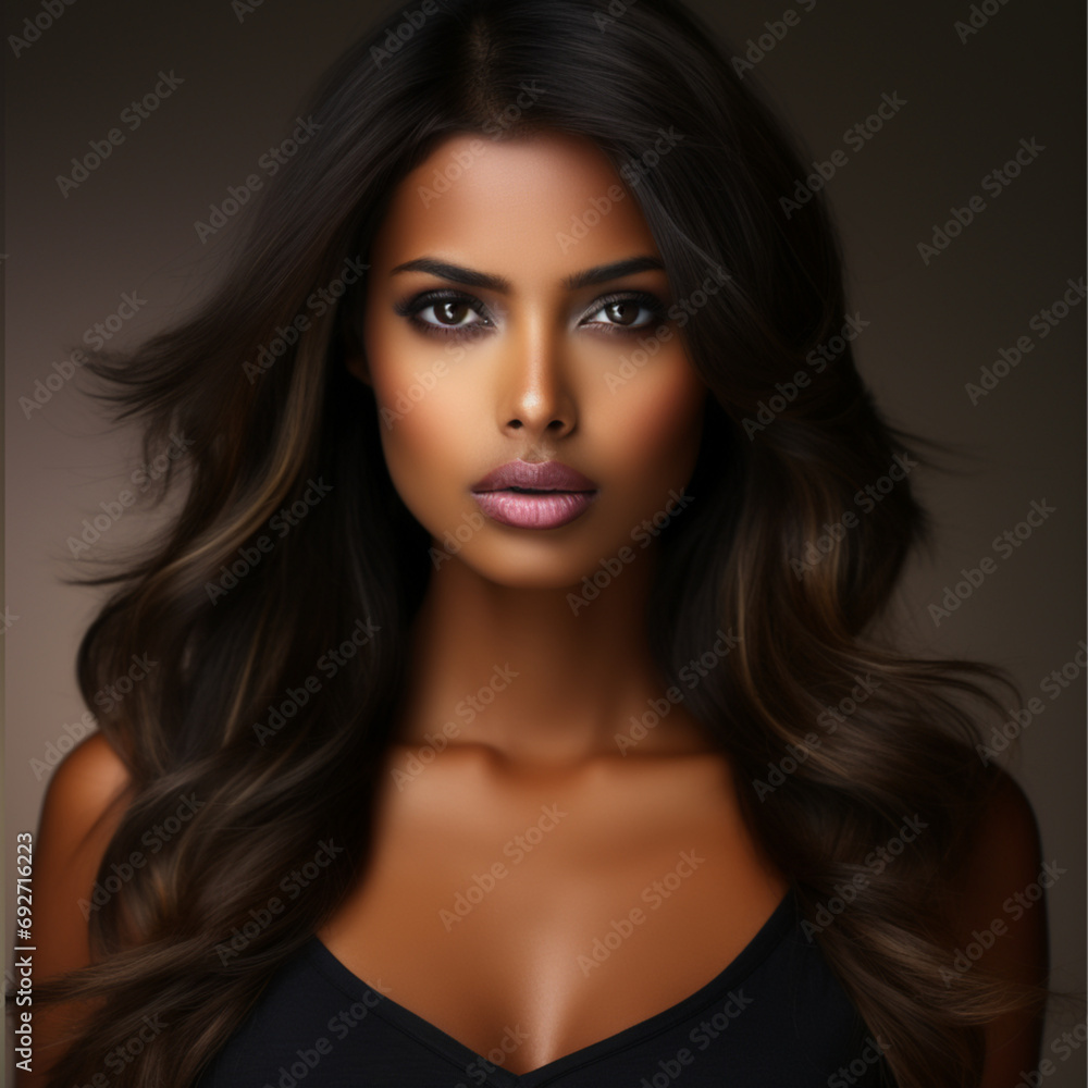 Naklejka premium beautiful tanned woman with dark messy hair, portrait photo, high fashion, dark almond eyes, full lips, long lashes