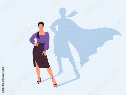 Vector illustration of a pretty girl with a shadow of a superhero. Cartoon scene with a businesswoman wearing a blouse, a skirt, and a shadow with a superhero cape isolated on a blue background.