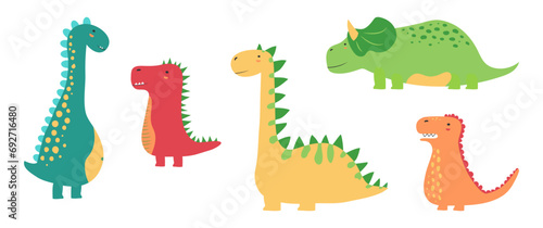 Cartoon dinosaur, cute dino, animal character vector icon, baby sticker set, funny kid collection isolated on white background. Drawing kindergarten illustration
