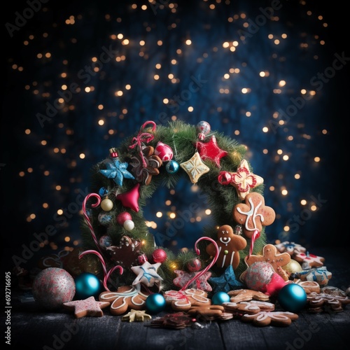 Xmas mood: beautiful colorful christmas wreath with ginger cookies, lights, ornaments, ribbons and bows,  photo