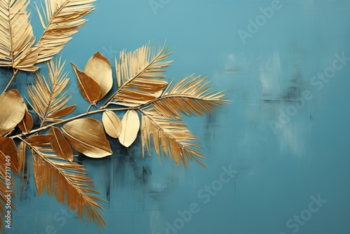 background turquoise desaturated leaves palm date painted gold Three leaf dawn decoration nature template tropical frame exotic greeting floral vintage plant pattern summer tropics wedding graphic photo