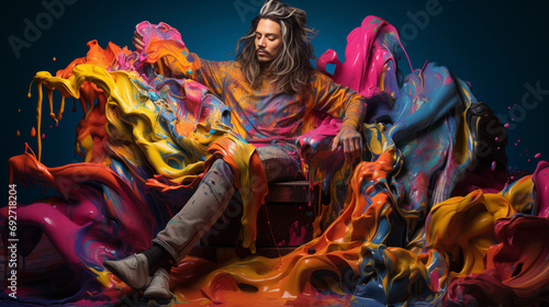 Conceptual portrait with a cascade of paint flowing over the subject, representing creativity