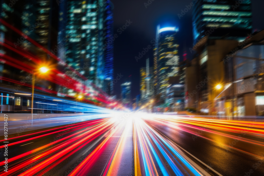 Obraz premium Cityscape with bright neon traffic stripes with long exposure.