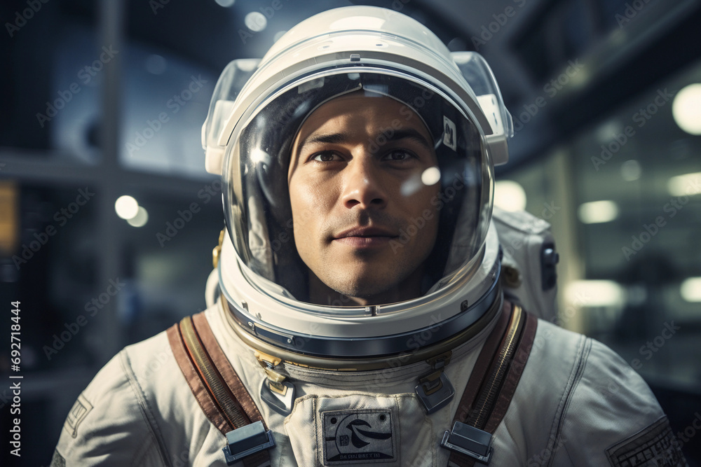 astronaut in a suit, reflective visor details, badges of missions past astronaut in a suit, reflective visor details, badges of missions past