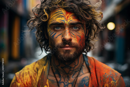 
Intensely detailed portrait of a street artist, vibrant streaks of paint on skin, piercing gaze, urban background