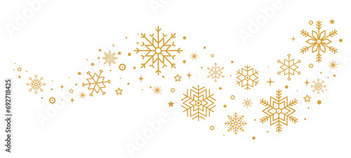 Abstract golden snowflakes border isolated on white background. Christmas card with snowfall, star, sparkling and glitter texture. Luxury New year ornament. Vector 