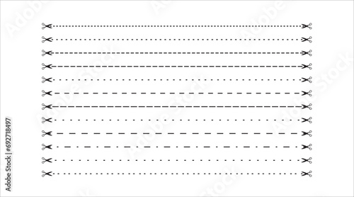 Vector set of cut lines with scissors. Various paper cut symbol. Design template. EPS10