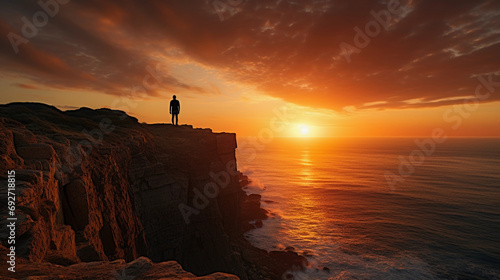 Solitary figure at the edge of a cliff, contemplative and overawed by the vast ocean, silhouette against the sunset