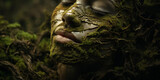 Surreal portrait blending human and nature, face transitioning into a tree bark texture, moss and leaves as hair