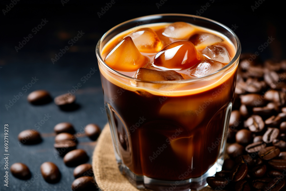 A glass of cold iced coffee surrounded by coffee beans. A glass of cold iced coffee surrounded by coffee beans.