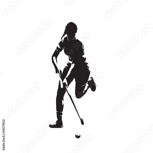 Floorball, active woman. Female floorball player, isolated vector silhouette