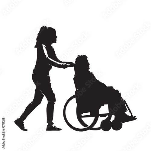 Senior in wheelchair is assisted by assistant, isolated vector silhouette photo