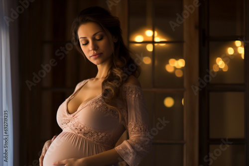 Woman embracing her pregnancy, hand on belly, look of wonder, soft glow