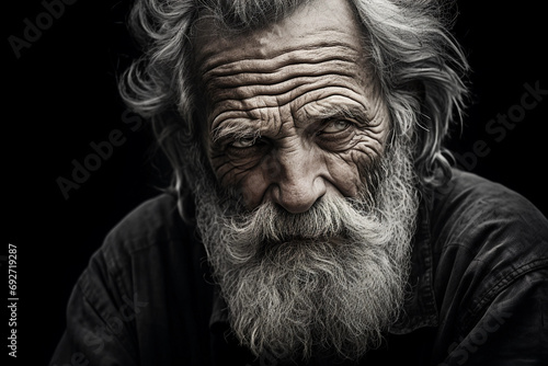 A pensive elderly man's portrait, deep in thought, furrowed brows, wrinkles mapped with life's wisdo