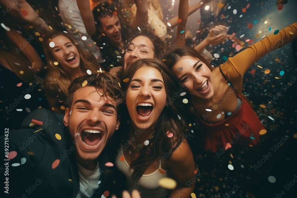 Group of happy joyful friends celebrating dancing with confetti in air