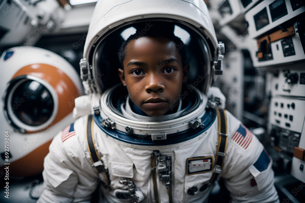 African american child wearing astronaut suit in spaceship. Boy embracing future profession. Kid in aspirational attire - obrazy, fototapety, plakaty 