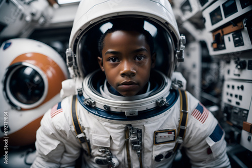 African american child wearing astronaut suit in spaceship. Boy embracing future profession. Kid in aspirational attire