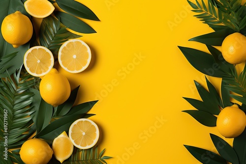 space copy view top lay Fl concept Summer background yellow blank paper fruits citrus leaves palm Tropical composition citrous fruit food lemon layout leaf colours pattern flat up high overhead photo