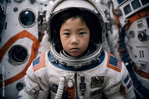 Asian child wearing astronaut suit in spaceship embracing future profession. Kid in aspirational attire