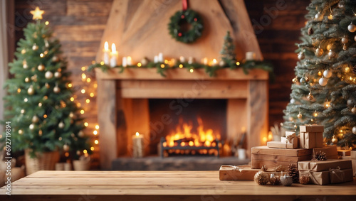 Wood table with blurry christmas tree and fireplace background with copy space