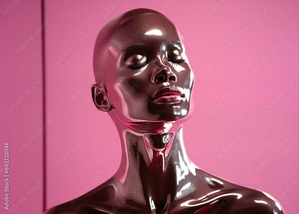 a shiny, metallic human with a pink background a shiny, metallic human with a pink background