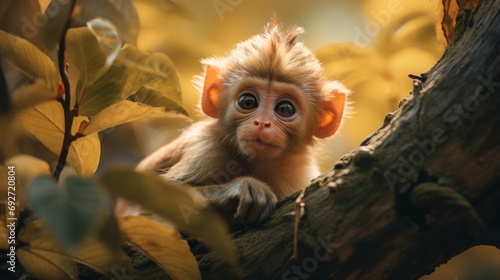 Portrait of a baby monkey sitting on a tree in the forest Generative AI