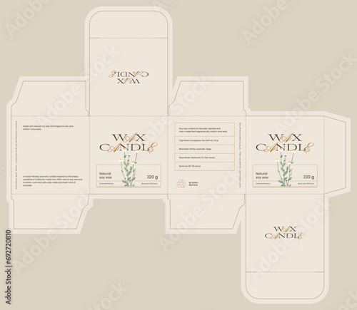 Editable vector box dieline for print. Packaging design for beauty cosmetics, soy candle.