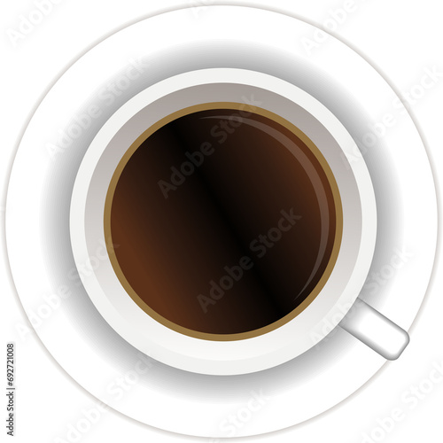 Ceramic mug of coffee or tea. Cup of hot drink on plate. Top view. realistic style illustration,transparent, png.