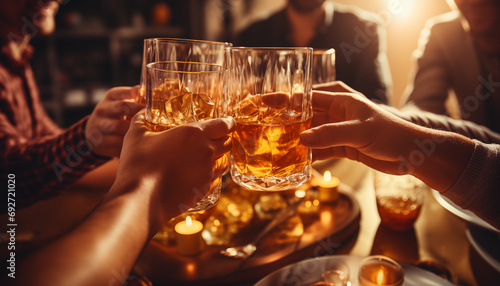 Selective focus at whiskey glass in hands, cheer and toast, blur and defocus background of interior bar vibe with golden bokeh.	
 photo