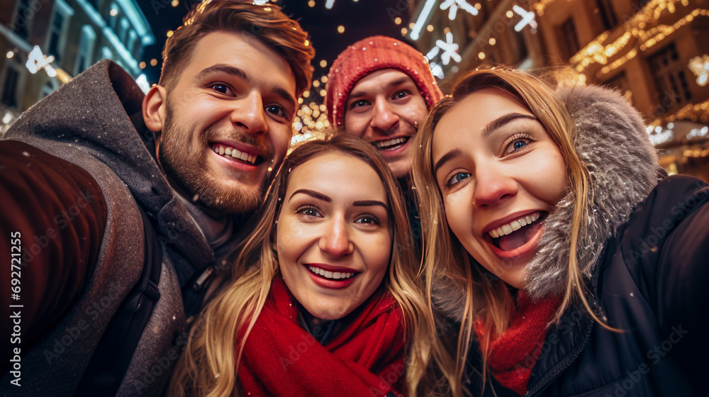 Group of friends taking a selfie on Christmas market Group of friends taking a selfie on Christmas market