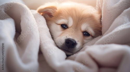 Cute welsh corgi puppy lying under blanket at home. Generative AI © Alex