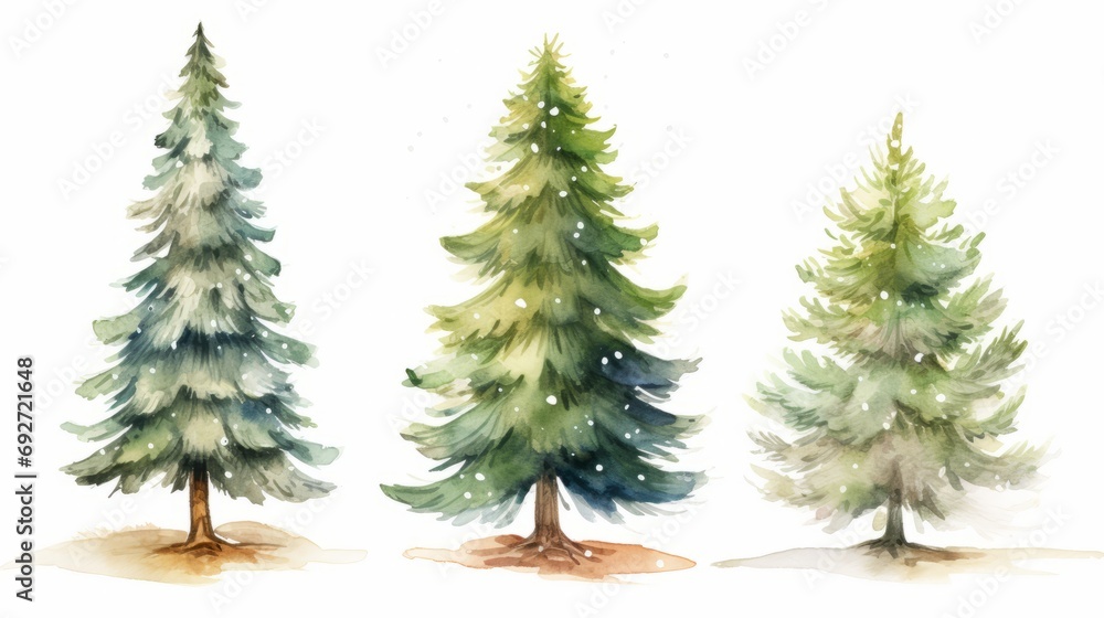 Watercolor Christmas trees set. Hand drawn illustration isolated on white background Generative AI