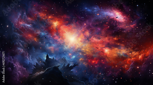 Print op canvas panorama of a dense galaxy cluster, illustrating the gravitational interaction b