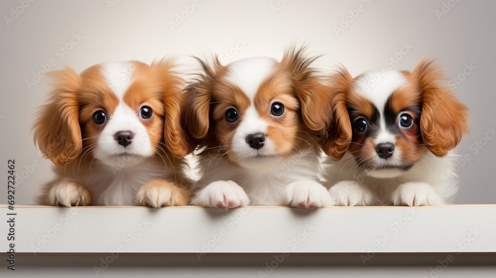 Three Cavalier King Charles Spaniel Puppies Looking Over Edge