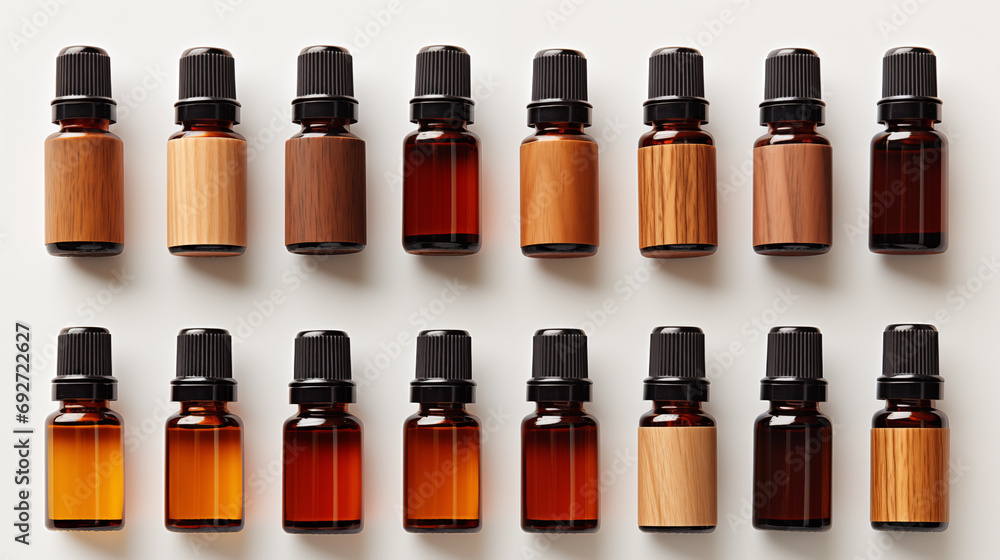 Assortment of essential oil bottles with plastic caps Assortment of essential oil bottles with plastic caps