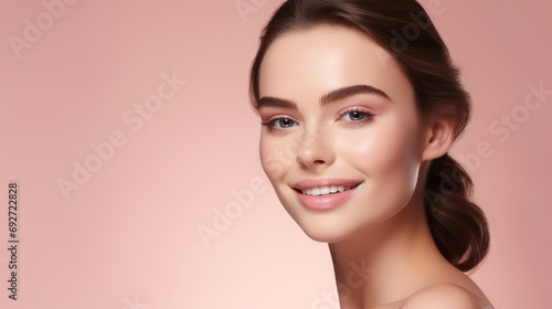 Beautiful face of young woman with clean fresh skin on pink background Generative AI