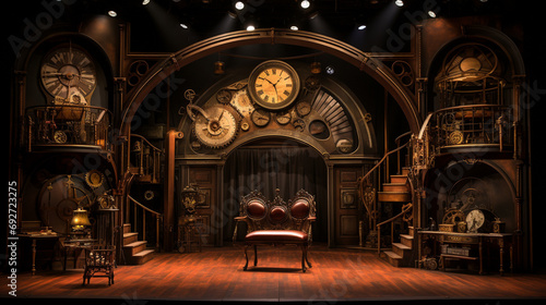 steampunk-style stage scene with an iron box slowly creaking open